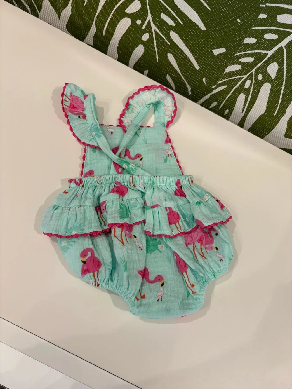 Angel Dear Mint Muslin Romper with Pink Flamingo Accent🦩